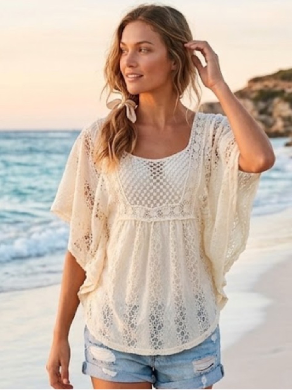 Ivory Lace Overlay Bohemian Beach or Western Women's Top